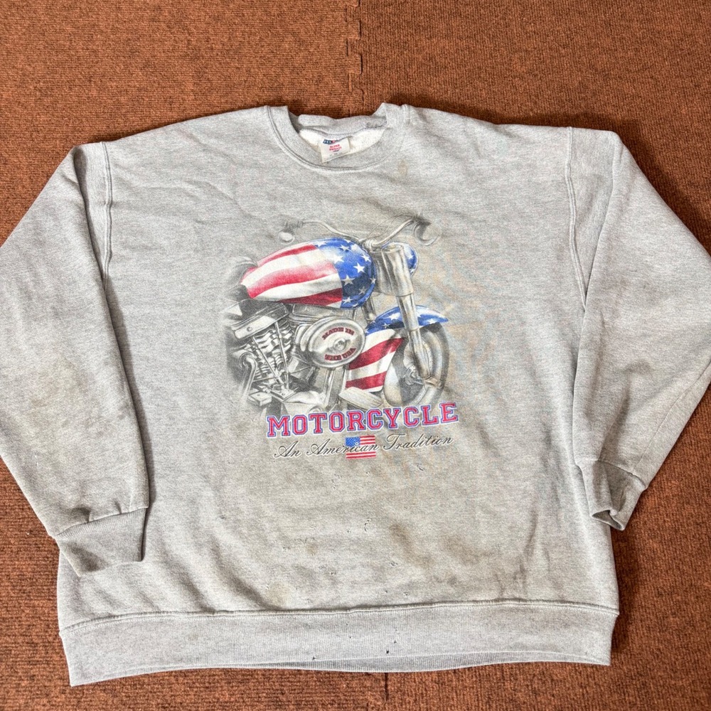 Vintage Jerzees Super Sweats Motorcycle Graphic Sweatshirt Mens XL Distressed D+